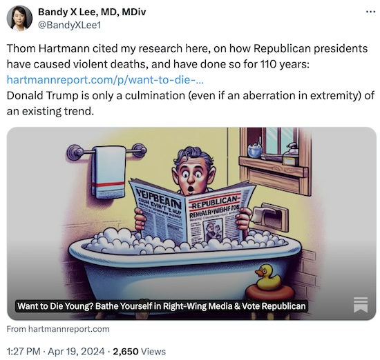Lee @ Twitter: Republican administrations increase violent death rates over 110 years of data
