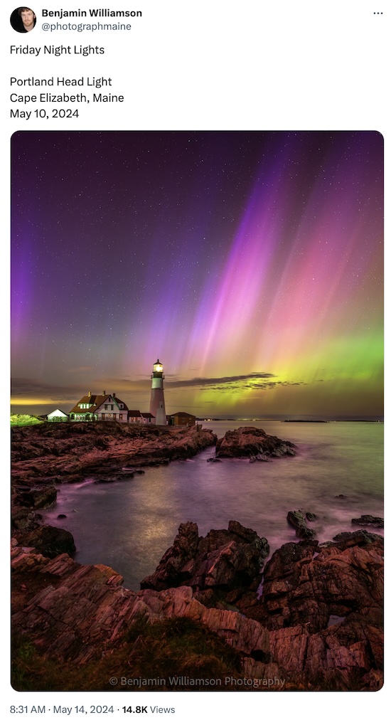 Williamson @ Twitter: Aurora borealis 2023-May-10 at Portland Head Light in Cape Elizabeth, Main, USA