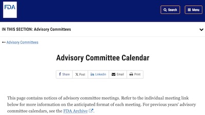 FDA Advisory Committee Calendar web page