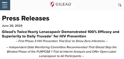 Gilead: press release on early data from trial of lenacapavir vs other PReP meds for HIV prevention