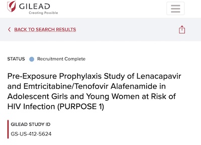 Gilead: PURPOSE 1 clinical trial for lenacapavir in HIV prophylaxis