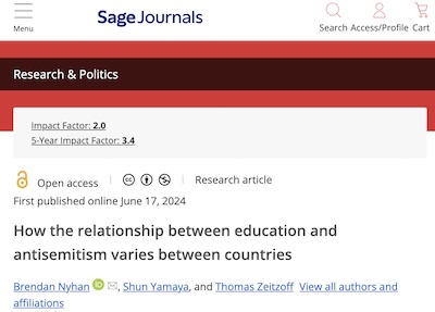 Nyhan, Yamaya, and Zeitzoff @ Research & Politics: Relationship between education and antisemitism