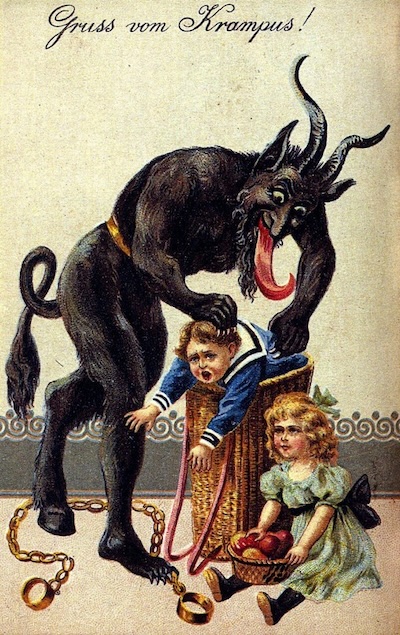 Krampus stuffing a presumably bad child into his basket for transport to… elsewhere?  The 'good little sister' seems oddly unconcerned at this turn of events!