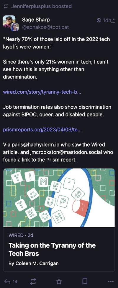 Sharp @ Mastodon: Nearly 70% of 2022 tech layoffs were women