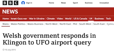 BBC article: Welsh government responds to queries about UFOs… in Klingon